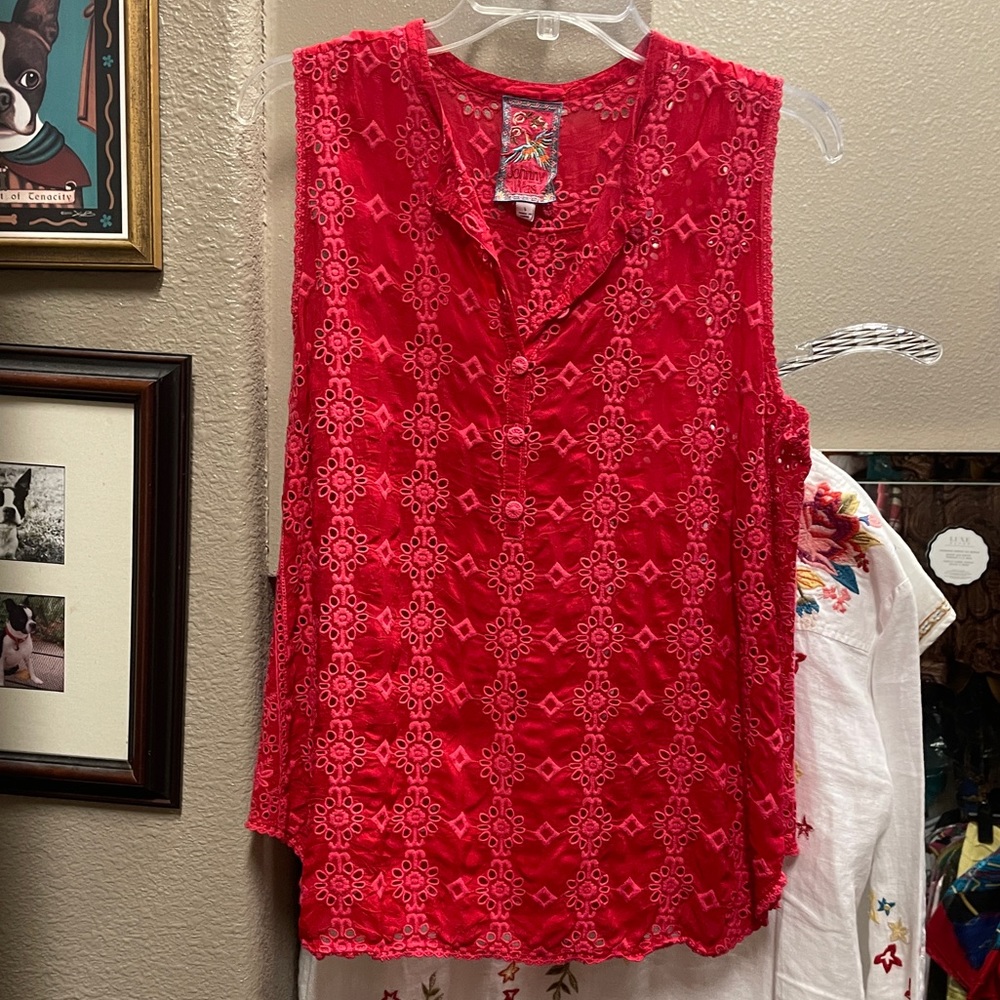 Johnny Was eyelet sleeveless top, size large, red, EUC